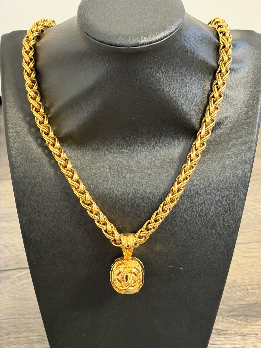 CHANEL Vintage Gold Braided Rope Necklace with CC Medallion Pendant